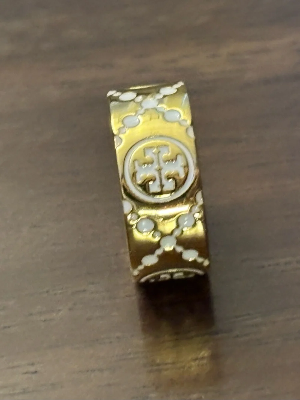 Tory Burch Gold plated Ring with White Enamel Logo Accents